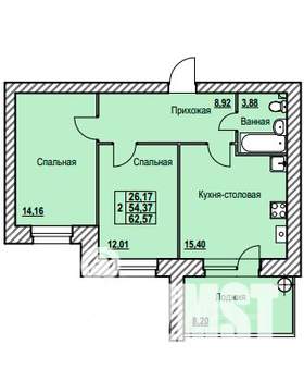2-к квартира, строящийся дом, 63м2, 2/9 этаж