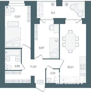 2-к квартира, строящийся дом, 62м2, 7/16 этаж