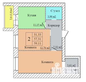 2-к квартира, вторичка, 59м2, 6/8 этаж