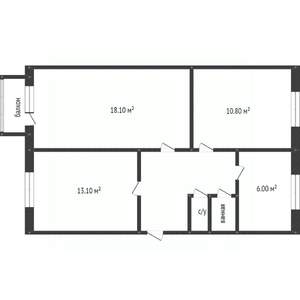 3-к квартира, вторичка, 59м2, 1/9 этаж