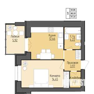 1-к квартира, строящийся дом, 40м2, 7/9 этаж