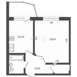 1-к квартира, вторичка, 42м2, 6/10 этаж