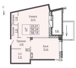 1-к квартира, строящийся дом, 58м2, 3/8 этаж