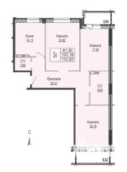 3-к квартира, строящийся дом, 113м2, 3/8 этаж