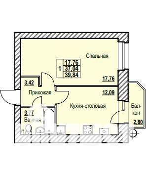1-к квартира, строящийся дом, 40м2, 3/9 этаж