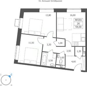 2-к квартира, вторичка, 59м2, 4/11 этаж