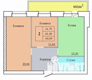 2-к квартира, вторичка, 64м2, 2/12 этаж