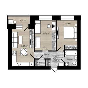 2-к квартира, вторичка, 54м2, 9/9 этаж