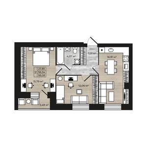 2-к квартира, строящийся дом, 60м2, 6/9 этаж