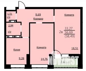 2-к квартира, строящийся дом, 58м2, 7/14 этаж