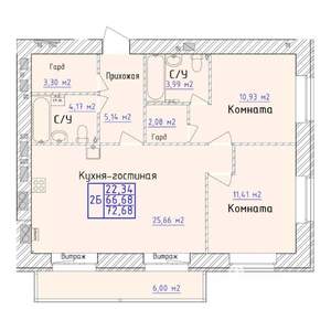 2-к квартира, вторичка, 73м2, 2/9 этаж