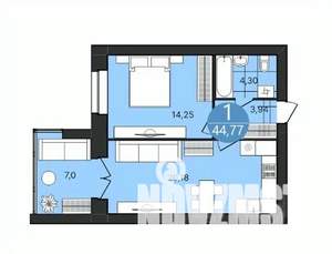 1-к квартира, вторичка, 45м2, 1/4 этаж