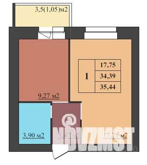 1-к квартира, строящийся дом, 35м2, 9/9 этаж