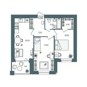 2-к квартира, строящийся дом, 67м2, 2/16 этаж