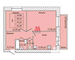2-к квартира, вторичка, 57м2, 1/8 этаж