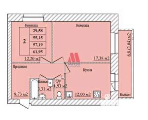 2-к квартира, вторичка, 57м2, 2/8 этаж