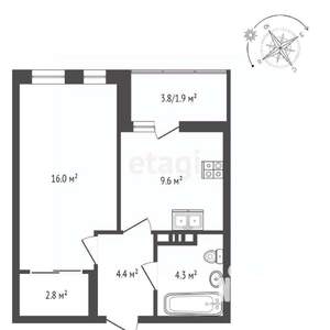 1-к квартира, вторичка, 39м2, 6/9 этаж