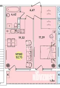 1-к квартира, вторичка, 53м2, 3/9 этаж