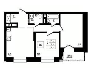 2-к квартира, вторичка, 56м2, 9/12 этаж
