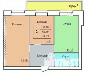 2-к квартира, строящийся дом, 64м2, 8/12 этаж