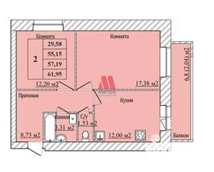 2-к квартира, вторичка, 57м2, 1/8 этаж