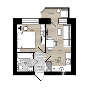1-к квартира, вторичка, 32м2, 5/9 этаж