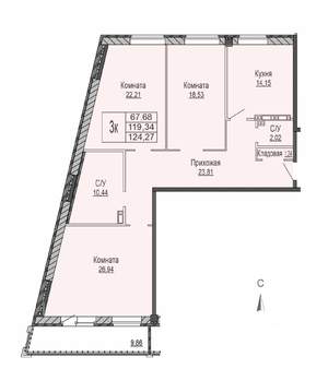 3-к квартира, строящийся дом, 124м2, 6/8 этаж