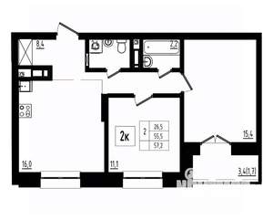 2-к квартира, вторичка, 57м2, 1/12 этаж