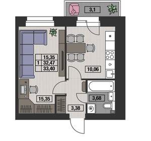 1-к квартира, вторичка, 33м2, 1/8 этаж