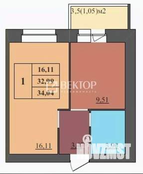 1-к квартира, вторичка, 34м2, 1/9 этаж