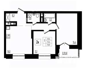 2-к квартира, вторичка, 56м2, 8/12 этаж
