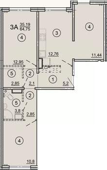 3-к квартира, строящийся дом, 65м2, 5/17 этаж