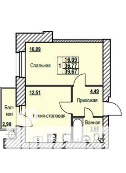 1-к квартира, строящийся дом, 40м2, 4/9 этаж