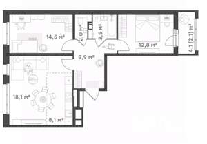 2-к квартира, вторичка, 71м2, 6/18 этаж