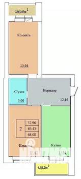 2-к квартира, строящийся дом, 68м2, 1/12 этаж