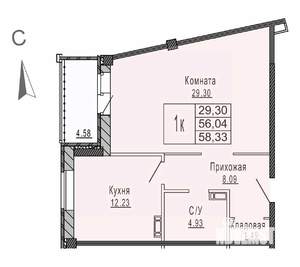 1-к квартира, строящийся дом, 58м2, 3/8 этаж