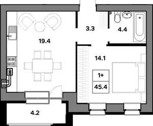 1-к квартира, вторичка, 45м2, 1/4 этаж
