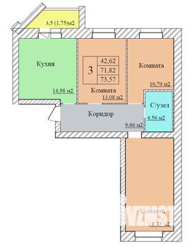 3-к квартира, строящийся дом, 74м2, 7/8 этаж