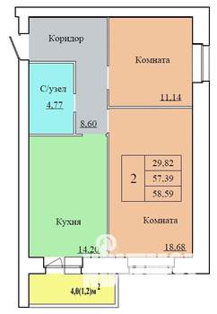 2-к квартира, строящийся дом, 59м2, 9/12 этаж