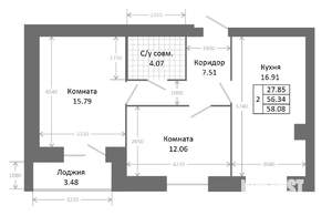 2-к квартира, вторичка, 60м2, 6/9 этаж