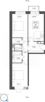 2-к квартира, вторичка, 58м2, 7/11 этаж