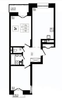 2-к квартира, вторичка, 59м2, 3/12 этаж