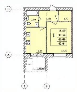 1-к квартира, строящийся дом, 43м2, 1/3 этаж