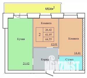 2-к квартира, вторичка, 65м2, 1/12 этаж