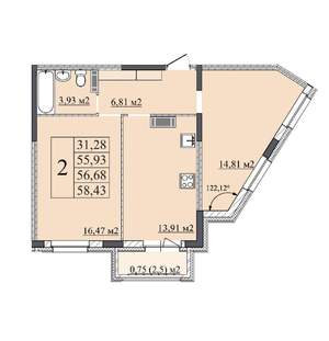 2-к квартира, вторичка, 58м2, 3/18 этаж