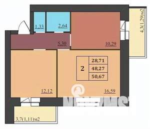 2-к квартира, строящийся дом, 51м2, 7/9 этаж