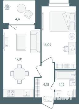 1-к квартира, строящийся дом, 43м2, 2/16 этаж