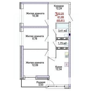 3-к квартира, строящийся дом, 64м2, 5/17 этаж