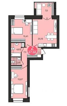 2-к квартира, строящийся дом, 68м2, 1/4 этаж