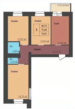 3-к квартира, строящийся дом, 73м2, 15/16 этаж